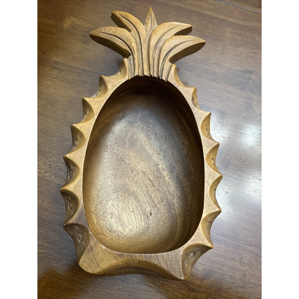 VTG Pineapple Serving Dish Bowl Hand Carved Artist Signed Monkey Pod Wood Hawaii